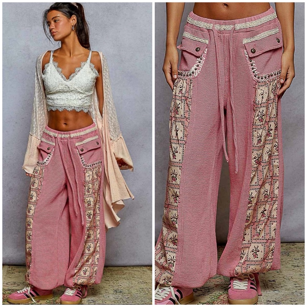 POL Jogger Pants  Pink Punch -Crochet Knit Patchwork&Stud Detail♥️1-S,-2L